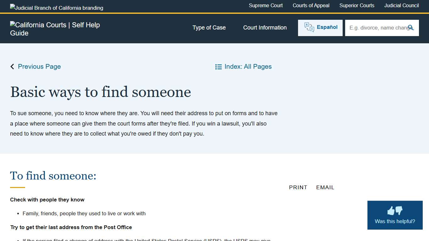 Basic ways to find someone | California Courts | Self Help Guide